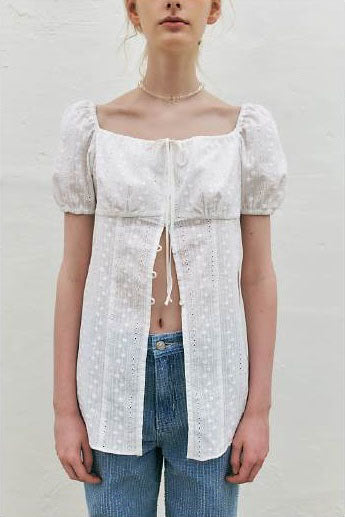 Eyelet Embroidered Puff Sleeve Blouse(IVE Merch) KUME